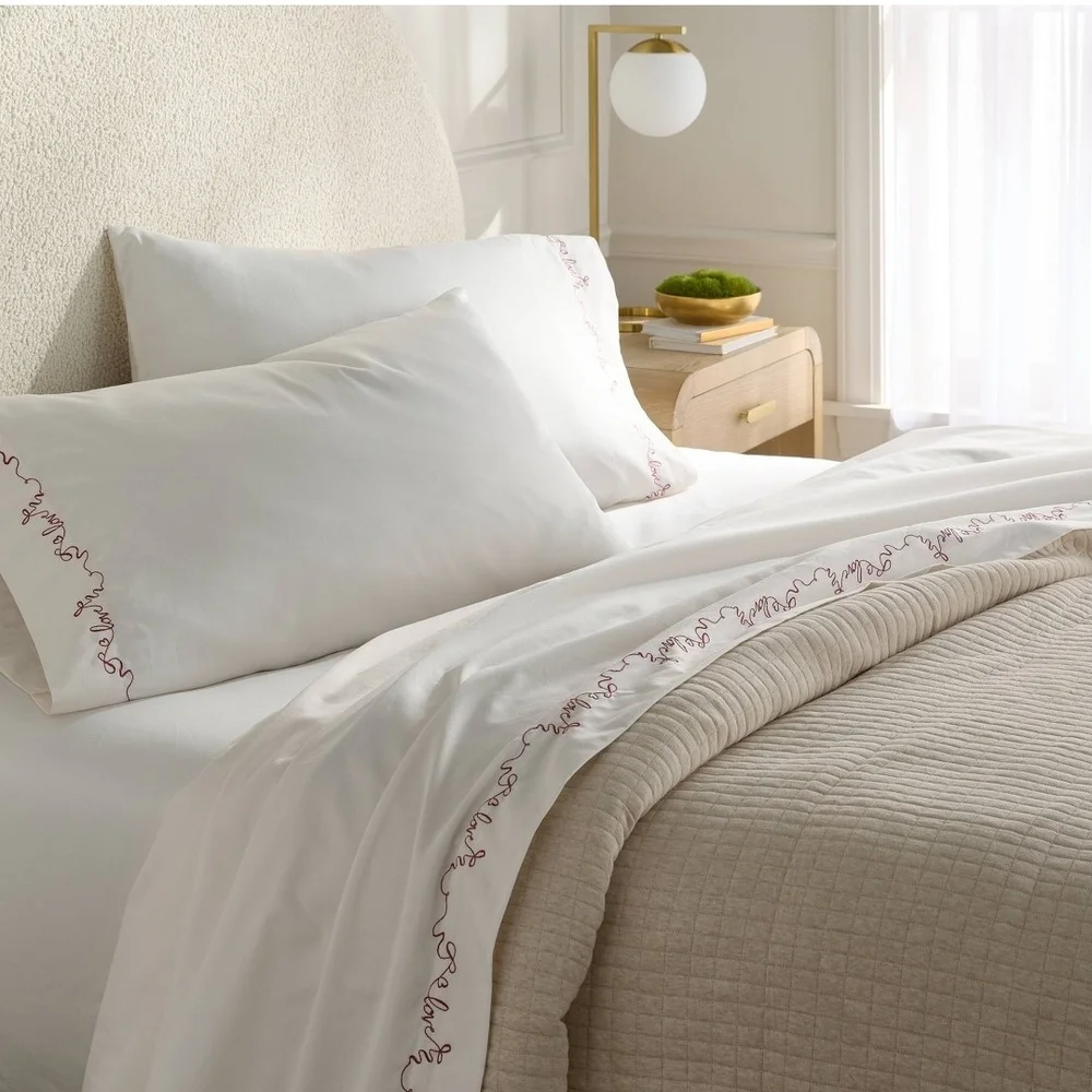 New Threshold Performance Sheets Set Ivory with Love Detailed Hem 400 Count King